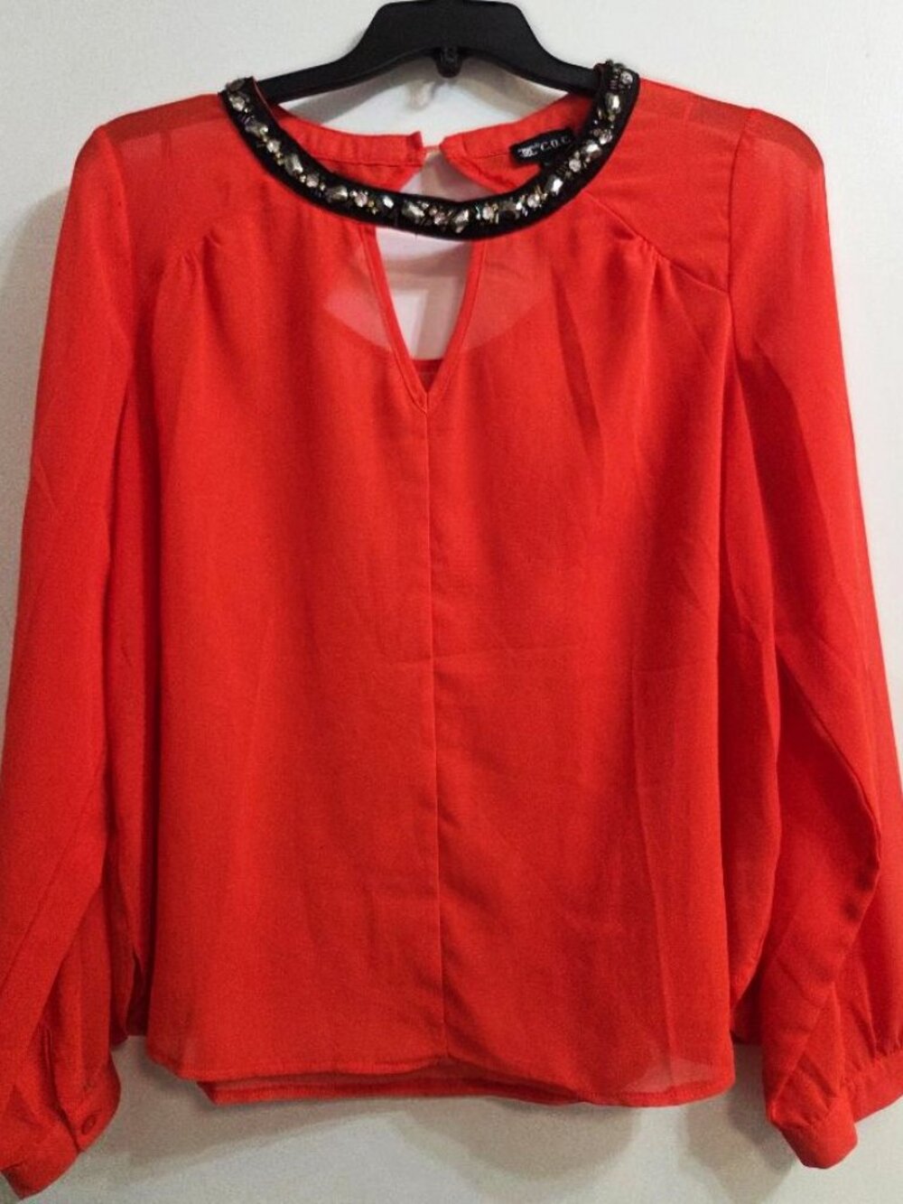 3X Sheer blouse with jeweled collar
